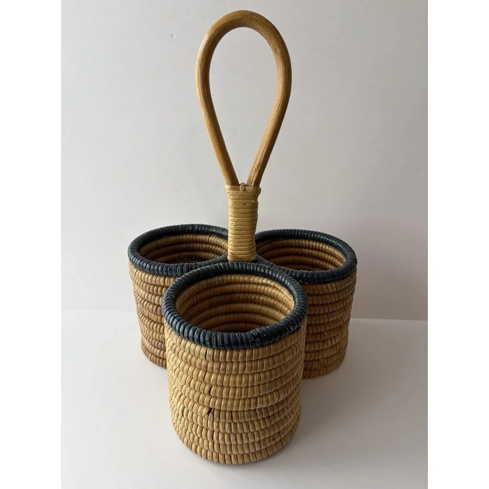 Vintage Woven Rattan 3 Compartment Caddy Basket w Handle Boho
